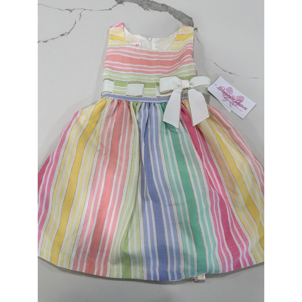 Bonnie Jean Girls 4T Pastel Rainbow Stripe Metallic Gold Party Dress Easter NWT
